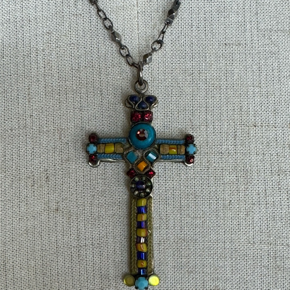 Ornate Blue and Red Necklace with Cross Pendant